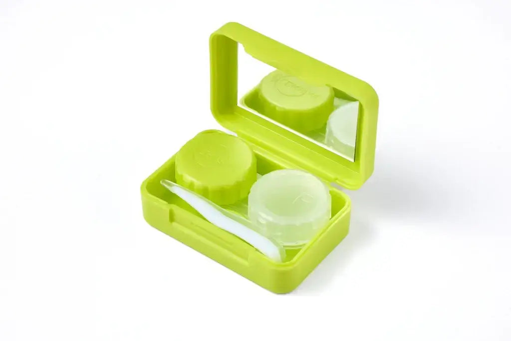 Lime TORICA Special Lens Case with mirror and lens holders, open view.