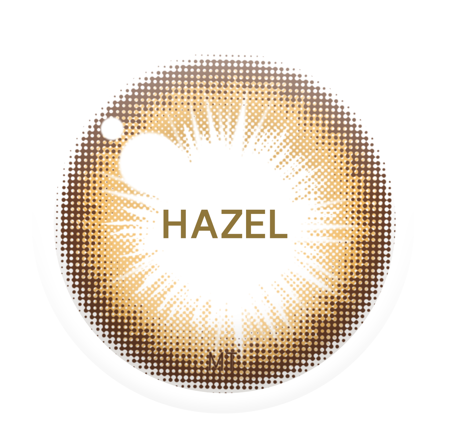 Close-up of eye wearing Aida Hazel toric contact lens with light pigment design and 55% water content for comfortable wear.