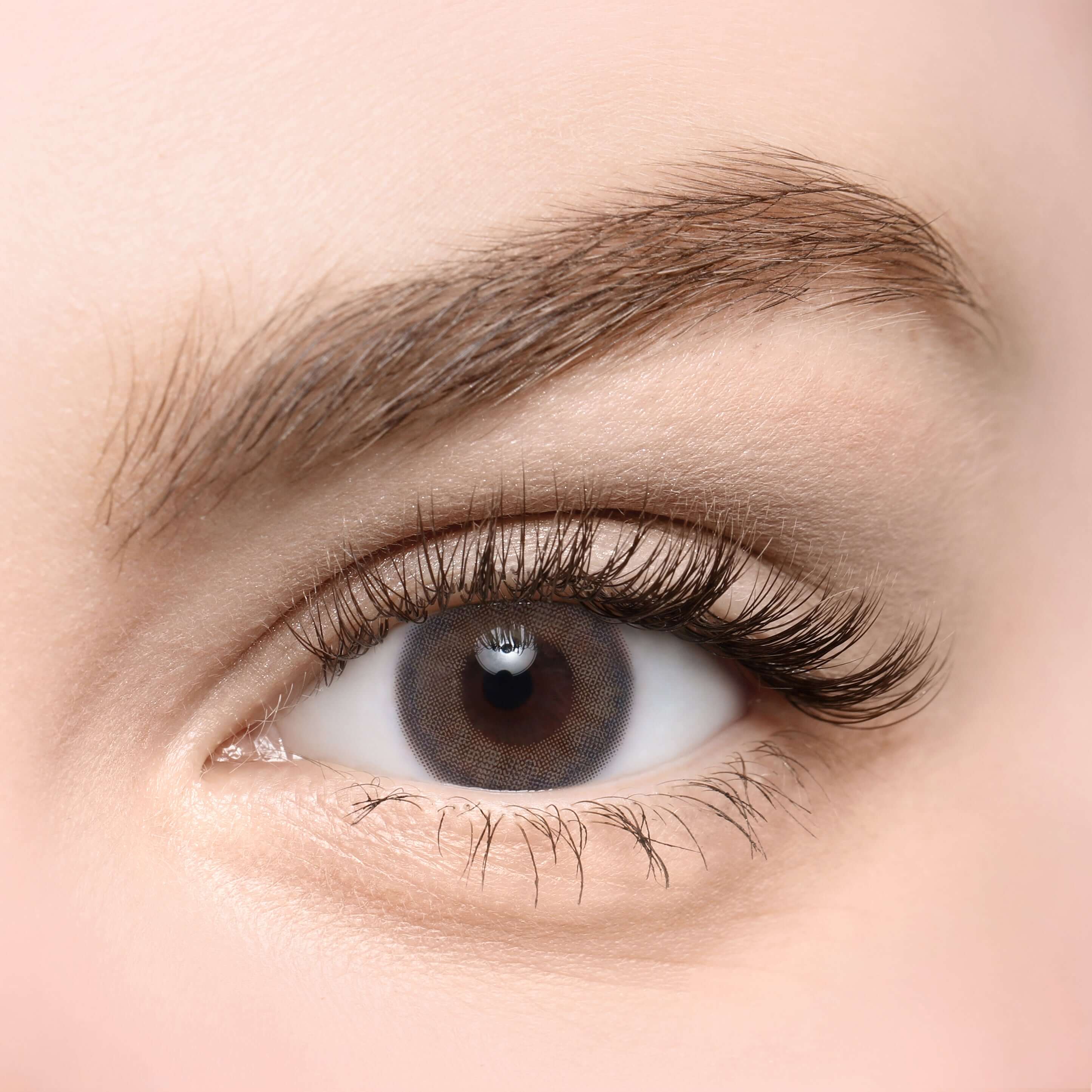 Close-up of eye wearing Revi Gray TORIC lenses with transparent, grayish color for small, mature eyes. High water content and multiple replacement options.