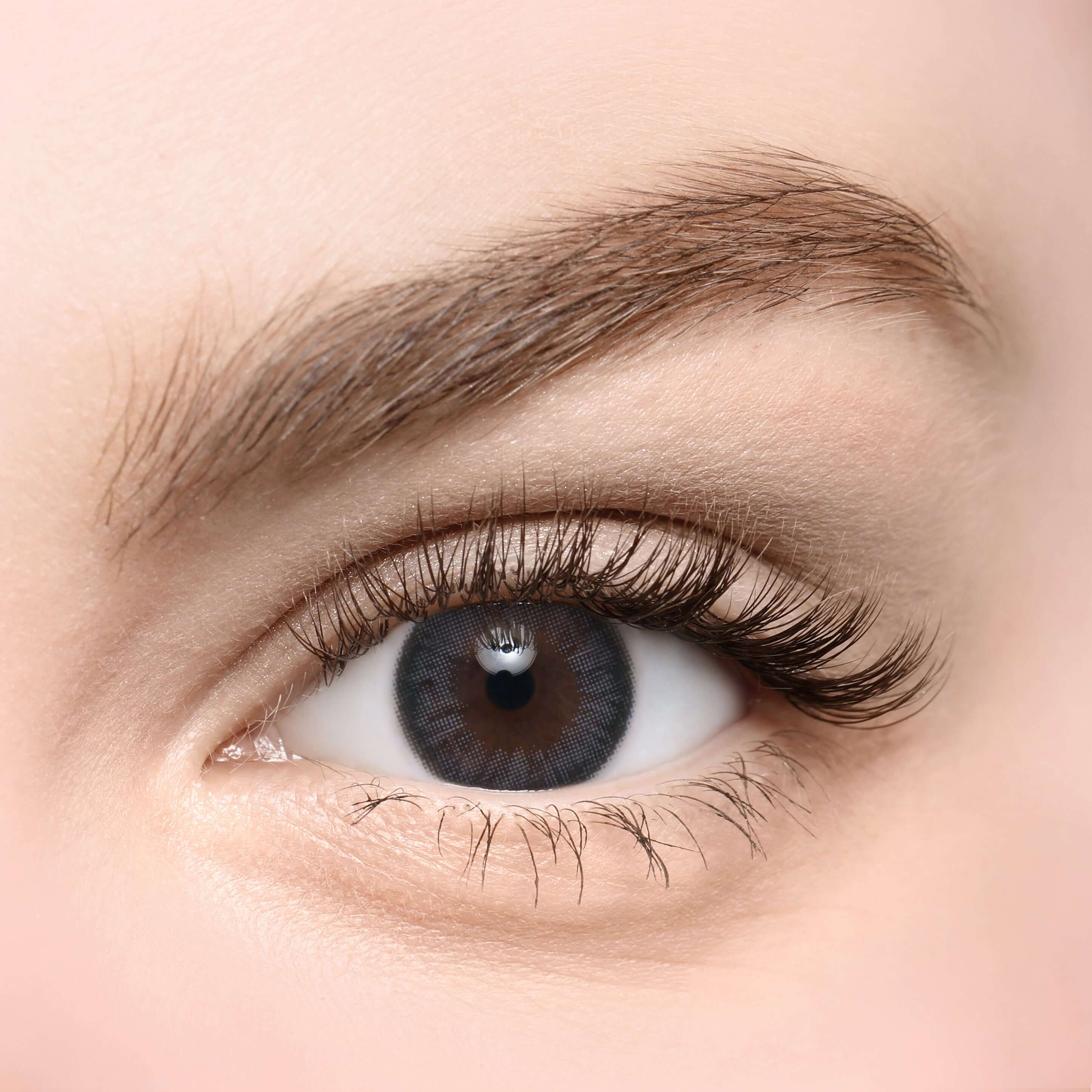 Close-up of an eye wearing Aida Gray toric contact lens with smokey gray color, adding gloss. Suitable for all replacement schedules.