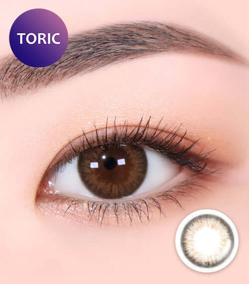 Aida Brown toric contact lenses with vivid delicate iris design, 55% water content, suitable for all replacement schedules, Product ID: K017BR.