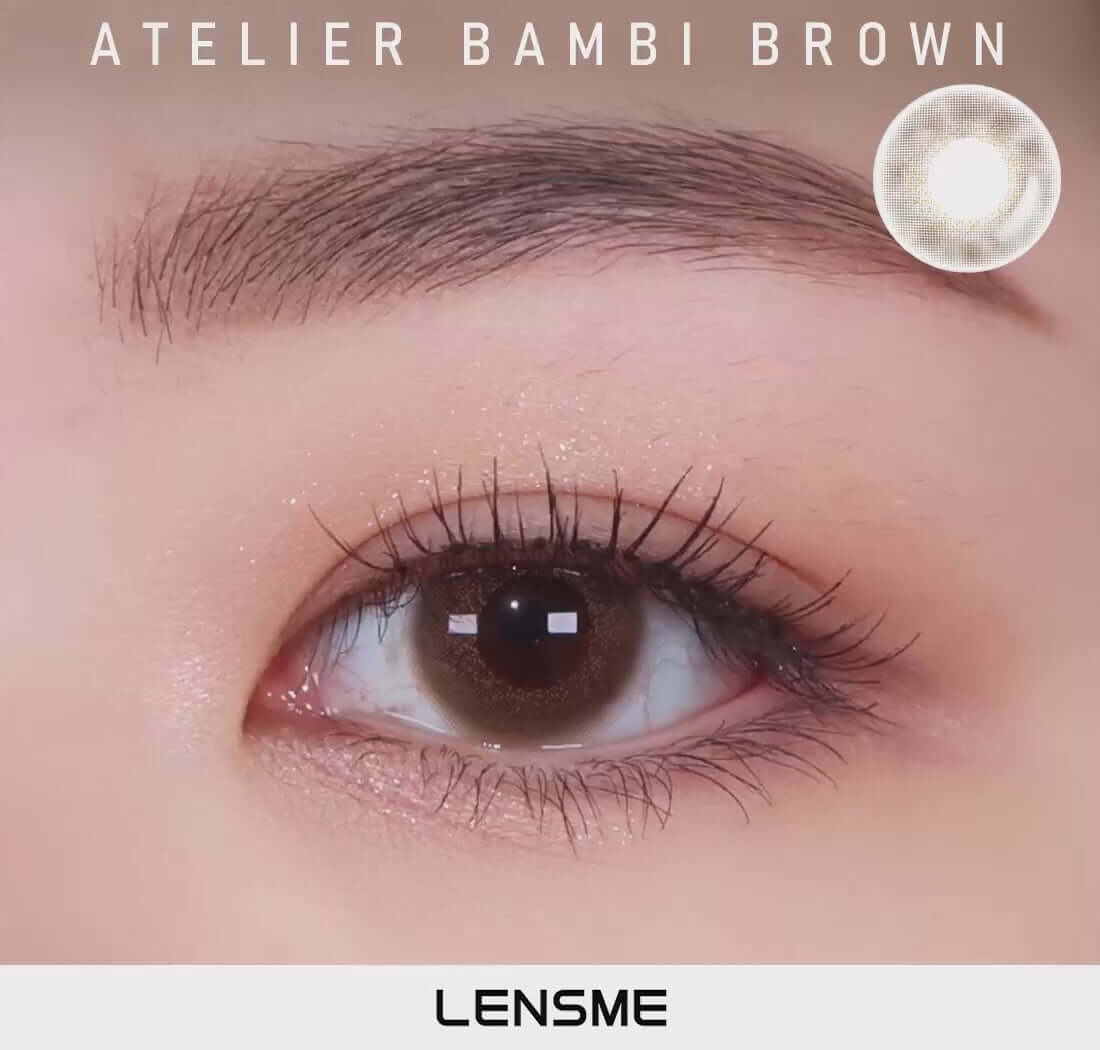 Close-up of an eye wearing LensMe Atelier Bambi Brown toric lens with soft, transparent choco color, ideal for daily to yearly use.