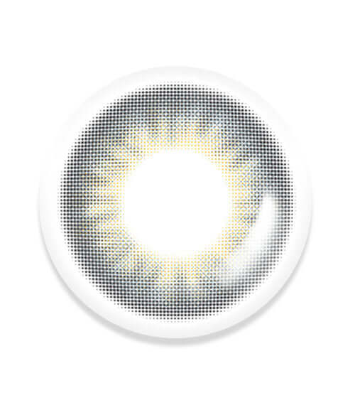 Revi Gray toric contact lens, 14.2 mm diameter, gray color, transparent with colorful design, available in various replacement schedules.