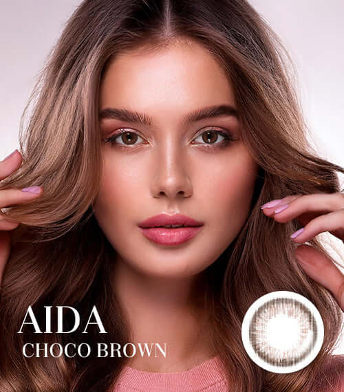 Aida Choco Brown toric contact lenses with delicate chocolate iris design, 14.2mm diameter, suitable for all replacement schedules.