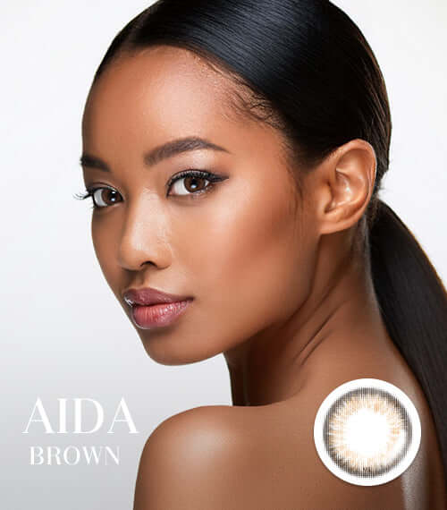 Aida Brown toric lenses with a thin iris design, brown color, suitable for daily, 2-week, or yearly wear. Product ID: K017BR.