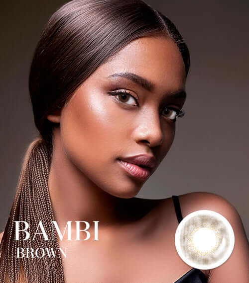 Bambi Brown toric contact lenses with choco color, 55% water content, DIA 14.2, for natural eye color blend, model featured.